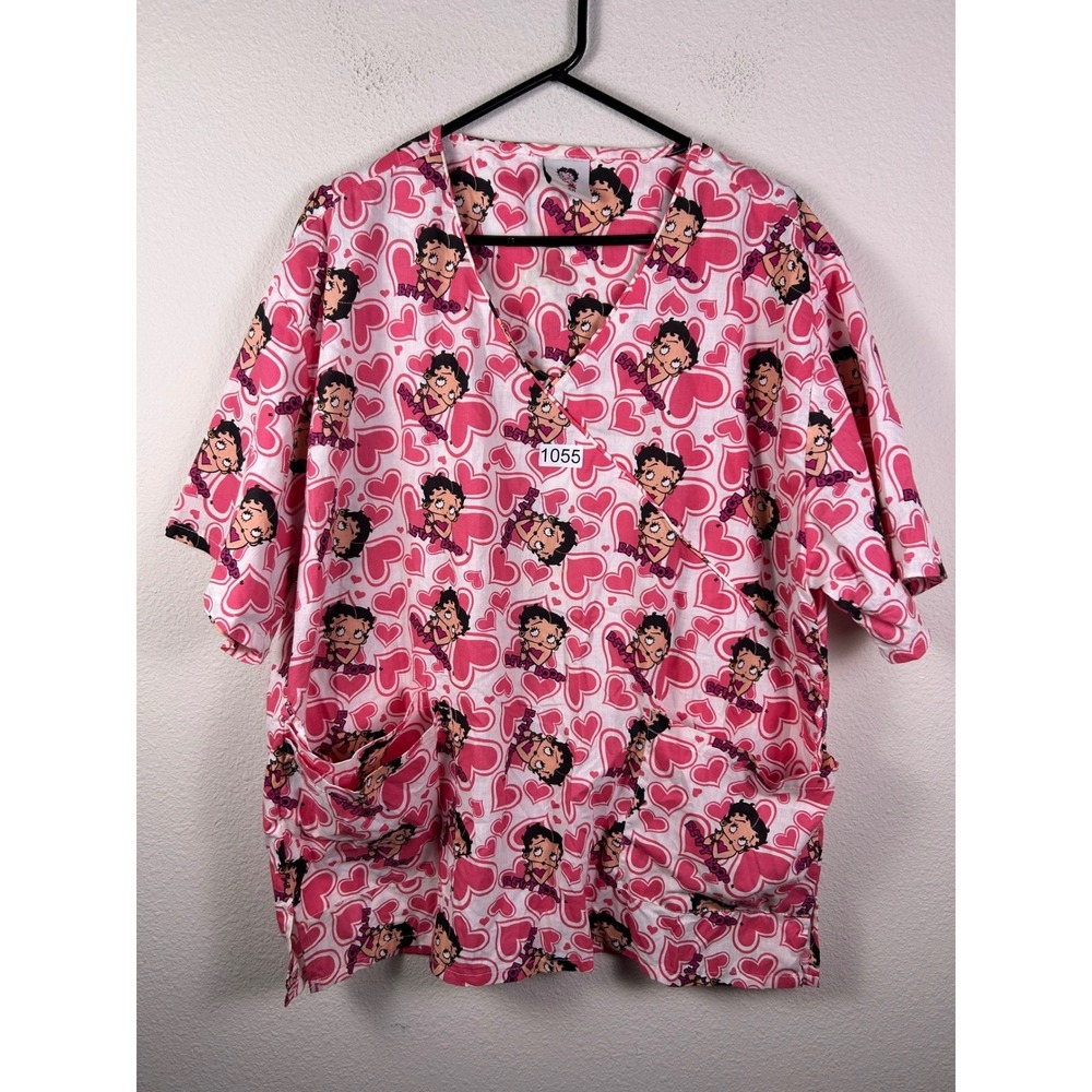 Betty Boop Pink Heart Print Scrub Top V-Neck Mock Wrap Medical Uniform 2X
